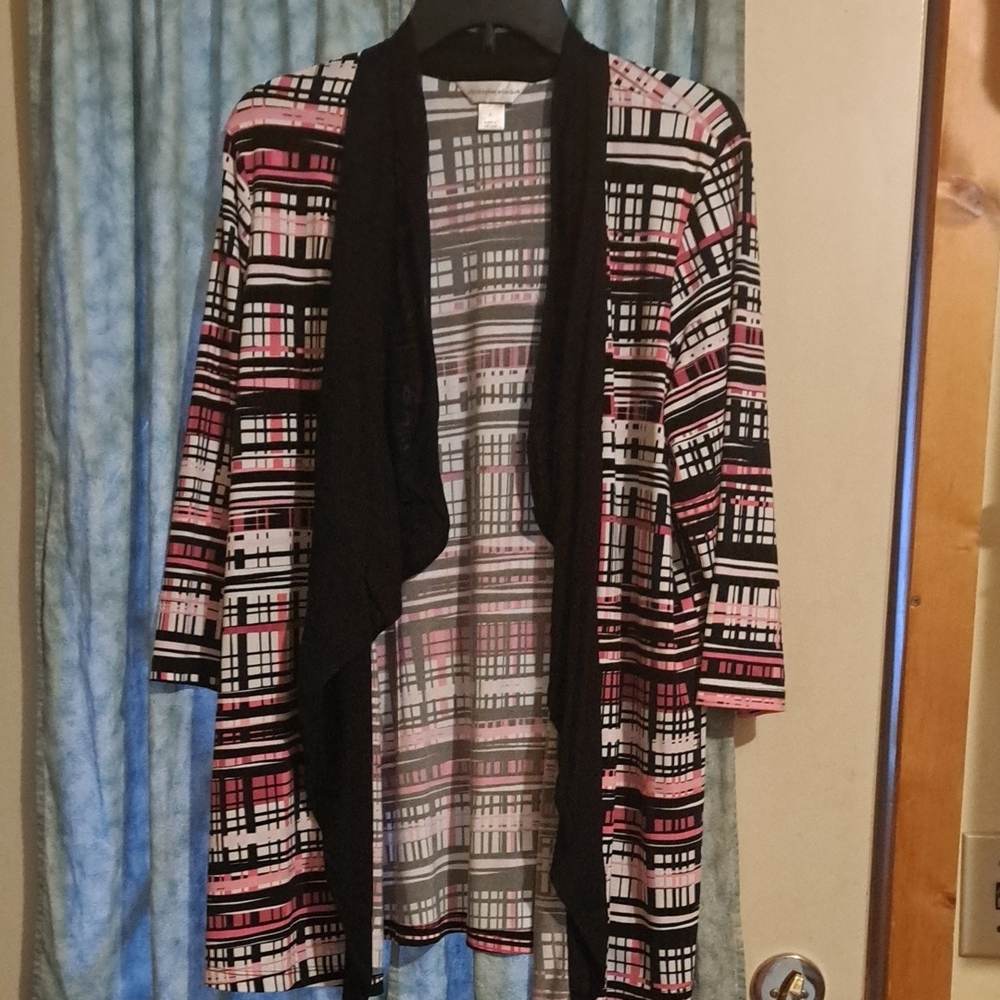 Plaid Open Front Cardigan Sweater in Black White and Pink